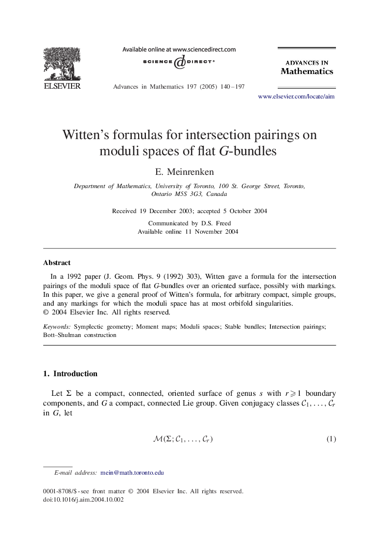 Witten's formulas for intersection pairings on moduli spaces of flat G-bundles