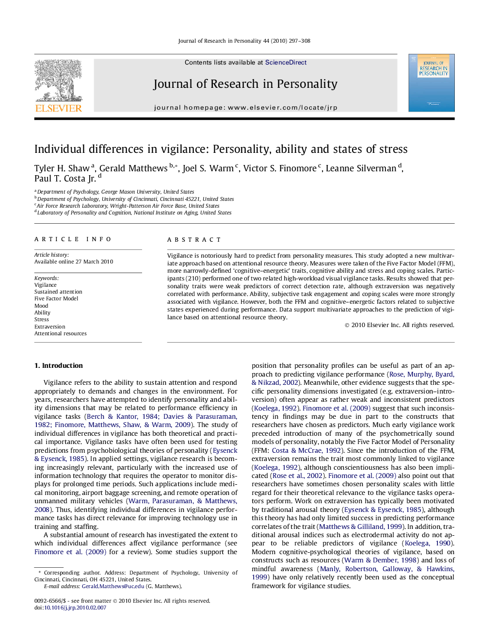 Individual differences in vigilance: Personality, ability and states of stress