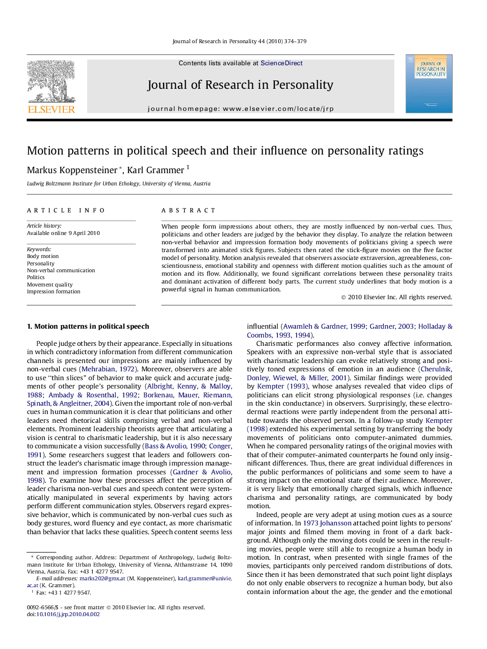 Motion patterns in political speech and their influence on personality ratings