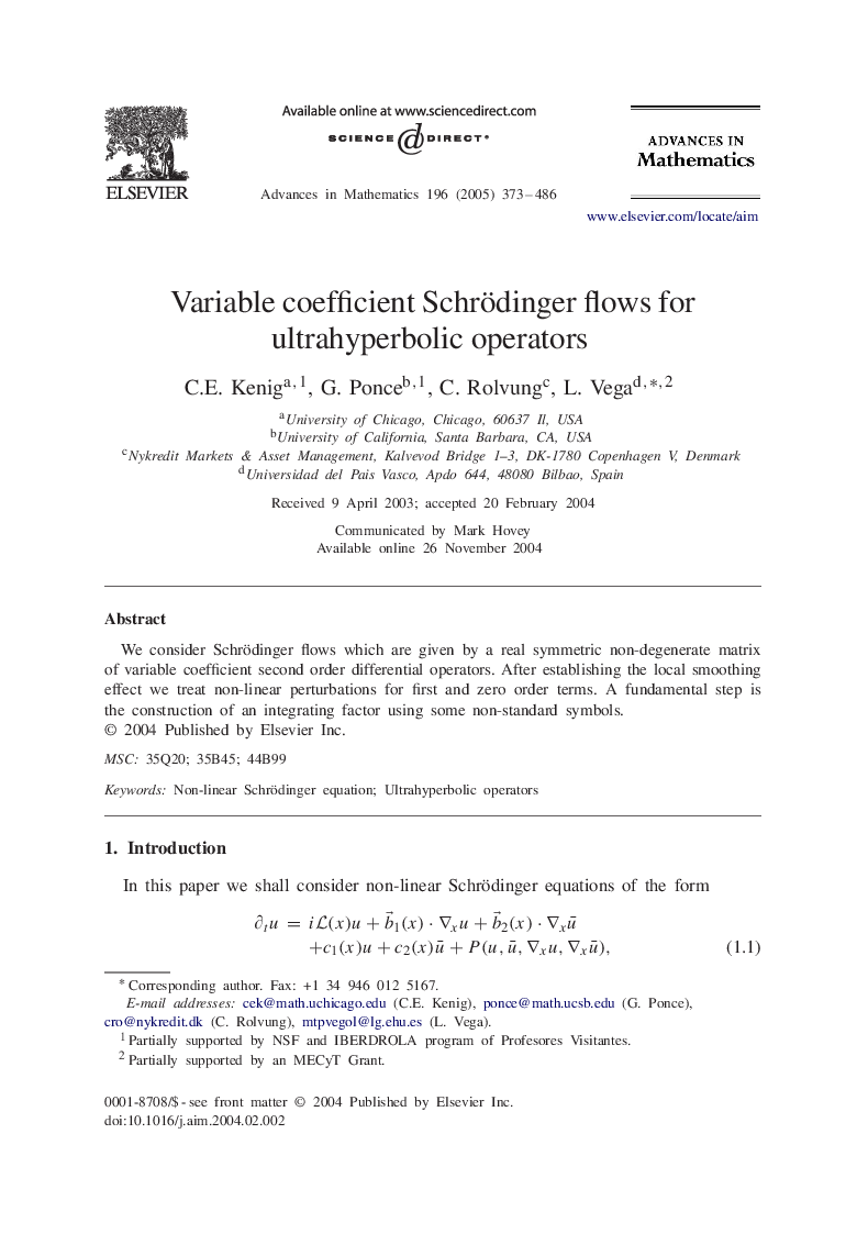 Variable coefficient Schrödinger flows for ultrahyperbolic operators