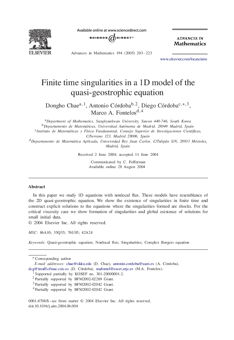 Finite time singularities in a 1D model of the quasi-geostrophic equation