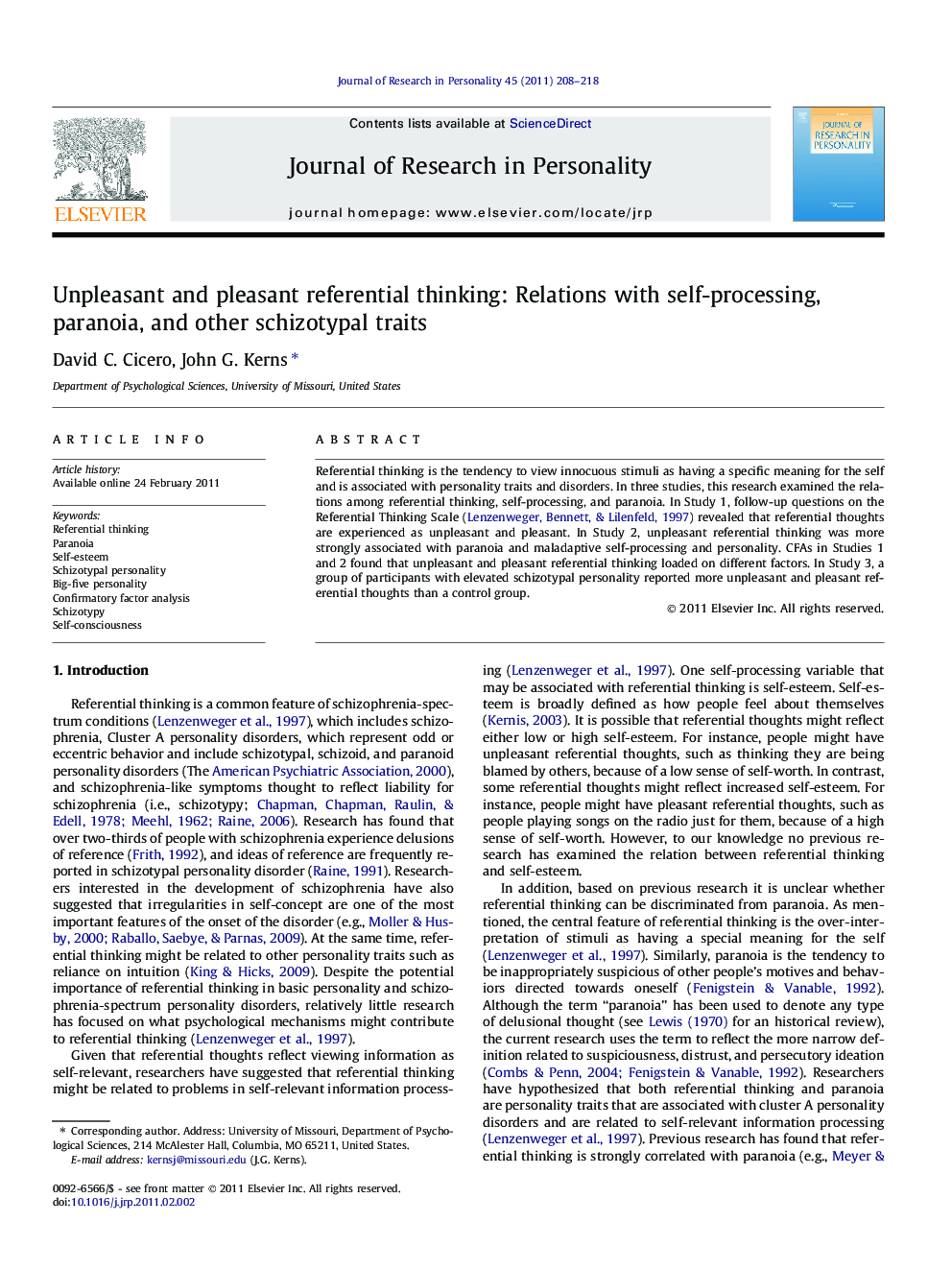 Unpleasant and pleasant referential thinking: Relations with self-processing, paranoia, and other schizotypal traits