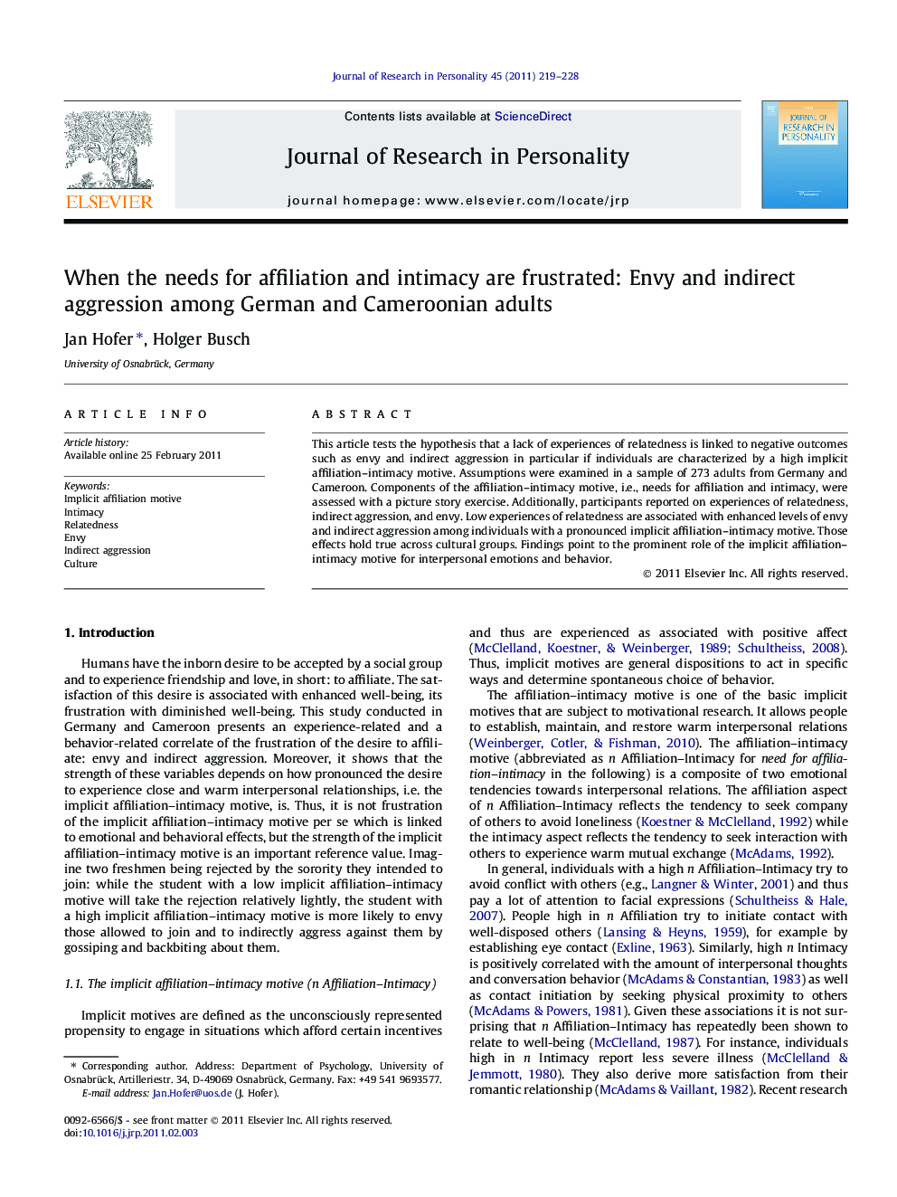 When the needs for affiliation and intimacy are frustrated: Envy and indirect aggression among German and Cameroonian adults