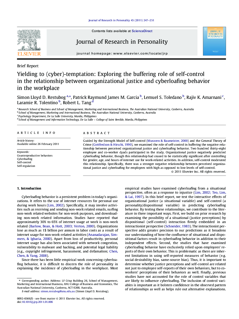 Yielding to (cyber)-temptation: Exploring the buffering role of self-control in the relationship between organizational justice and cyberloafing behavior in the workplace