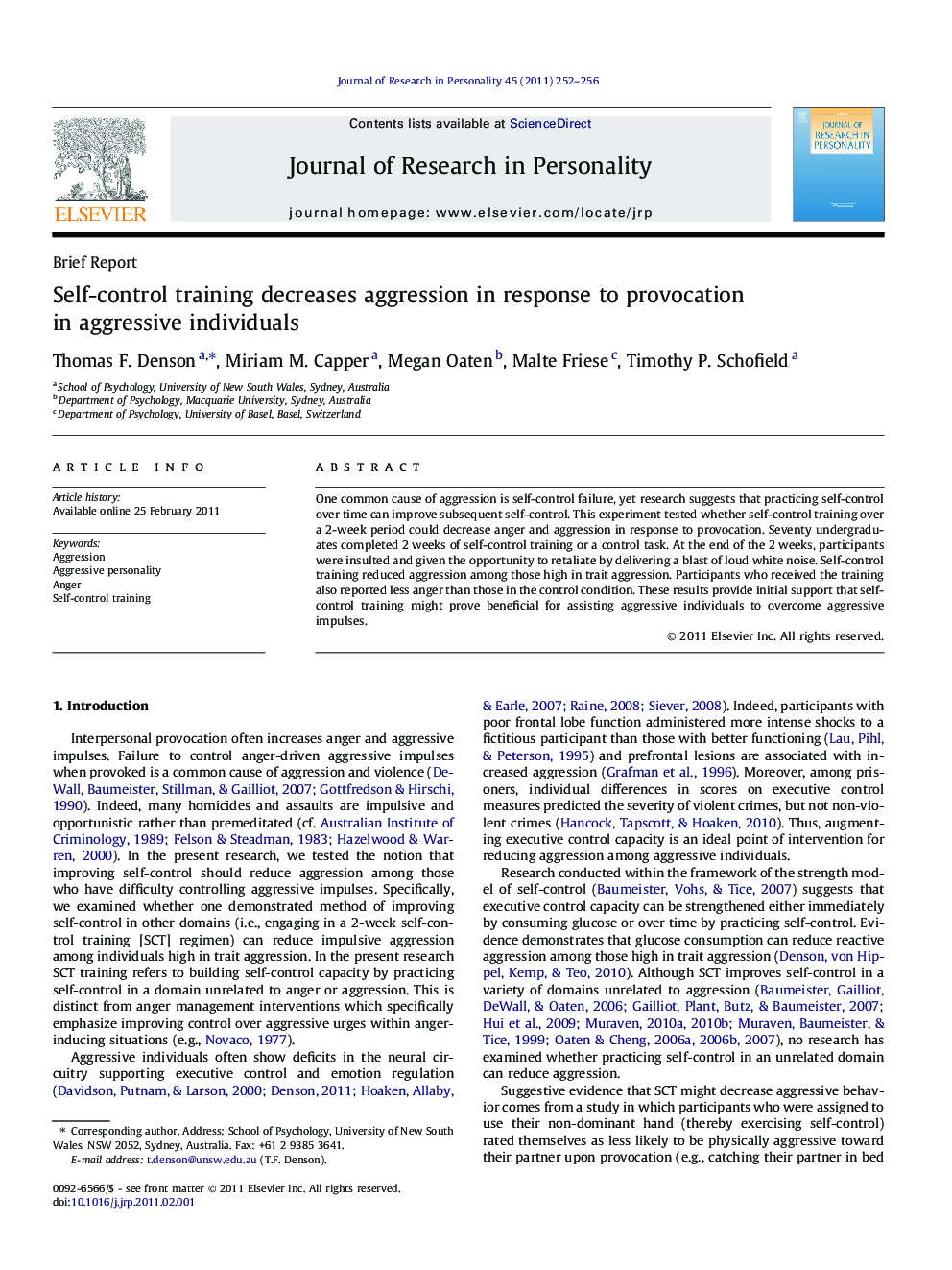 Self-control training decreases aggression in response to provocation in aggressive individuals