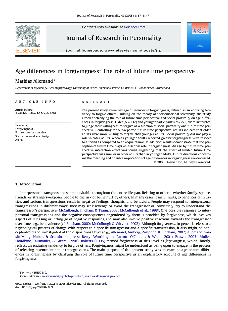 Age differences in forgivingness: The role of future time perspective