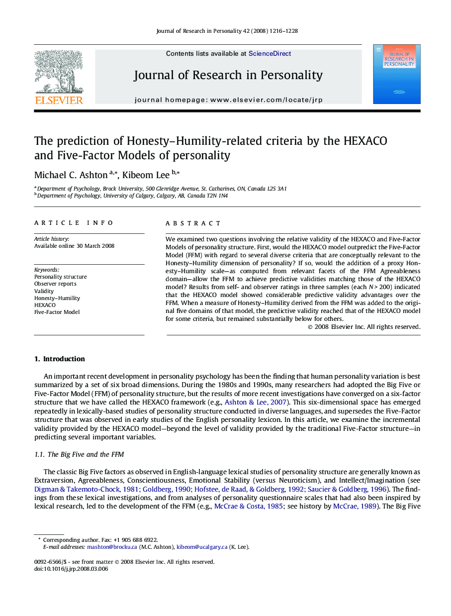 The prediction of Honesty–Humility-related criteria by the HEXACO and Five-Factor Models of personality