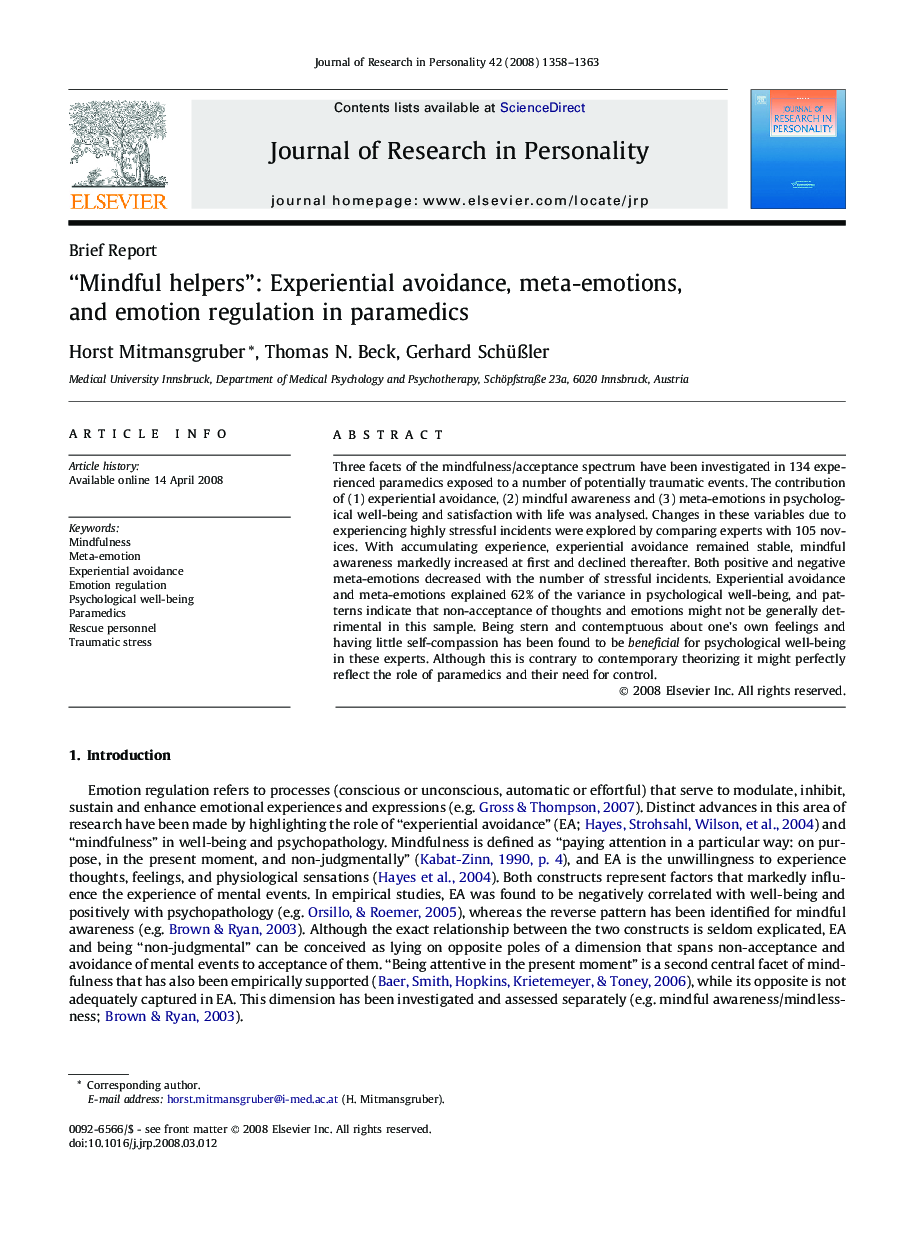 “Mindful helpers”: Experiential avoidance, meta-emotions, and emotion regulation in paramedics