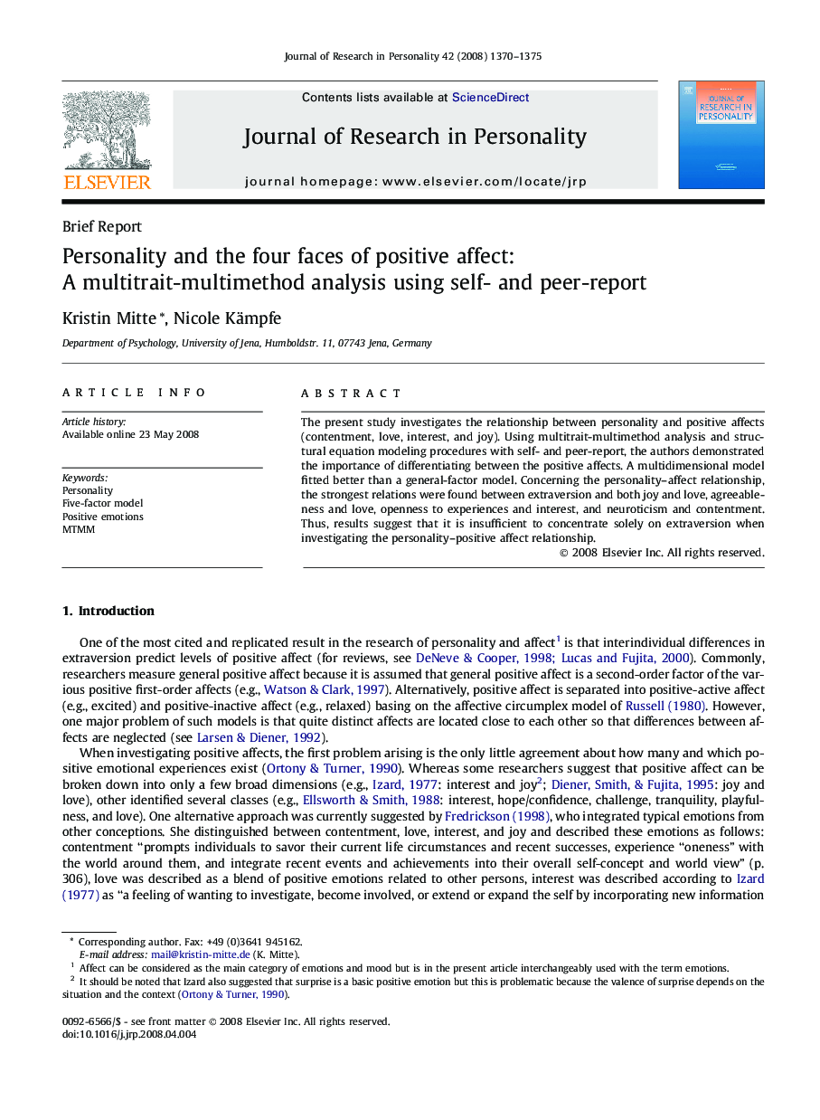 Personality and the four faces of positive affect: A multitrait-multimethod analysis using self- and peer-report