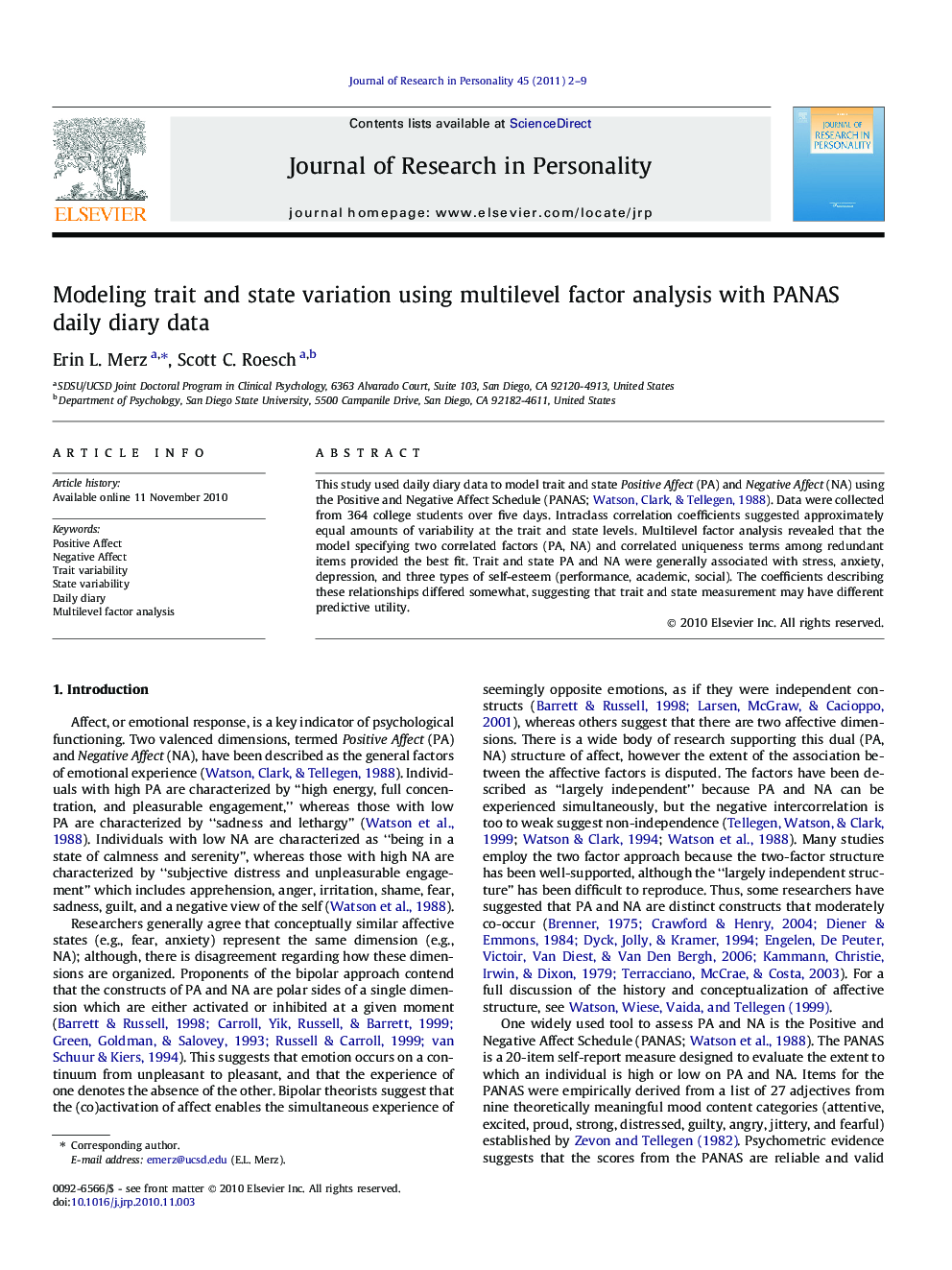 Modeling trait and state variation using multilevel factor analysis with PANAS daily diary data