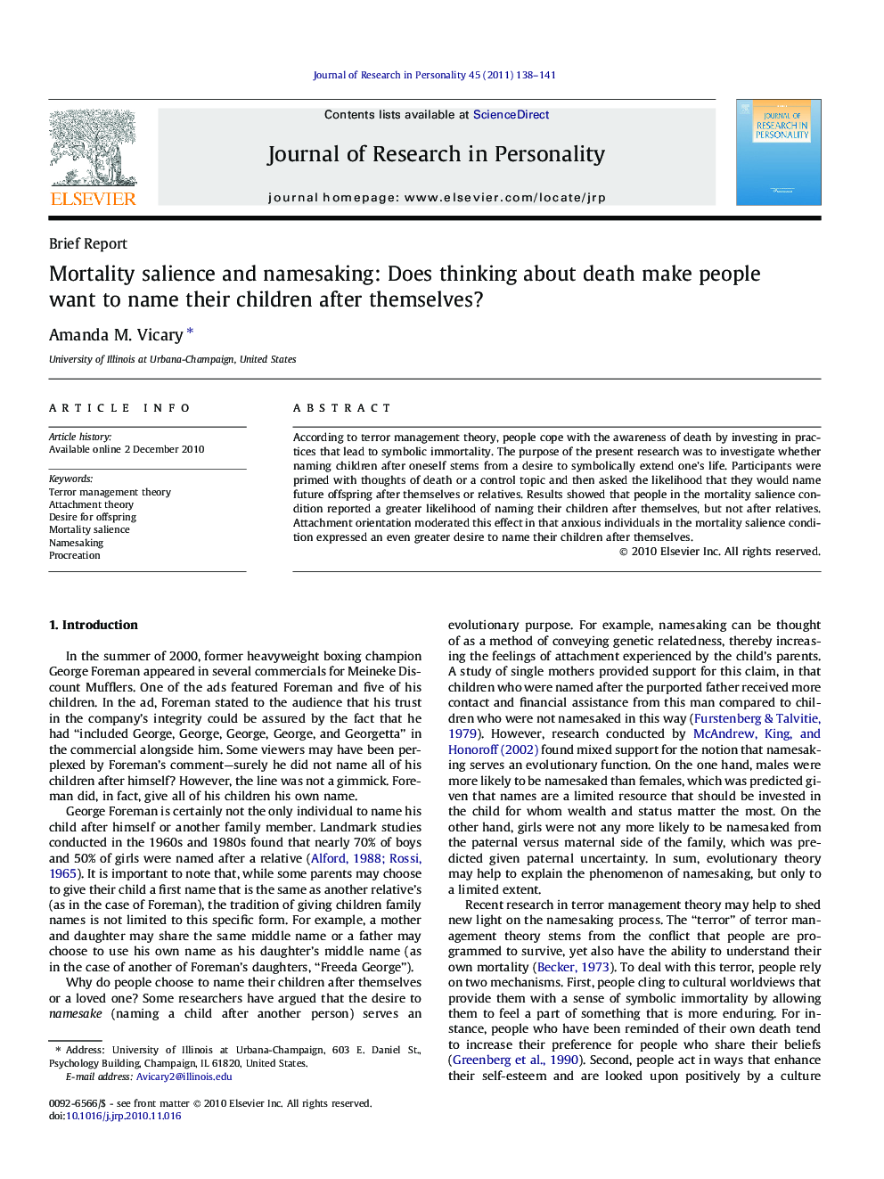 Mortality salience and namesaking: Does thinking about death make people want to name their children after themselves?