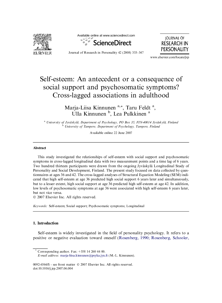 Self-esteem: An antecedent or a consequence of social support and psychosomatic symptoms? Cross-lagged associations in adulthood