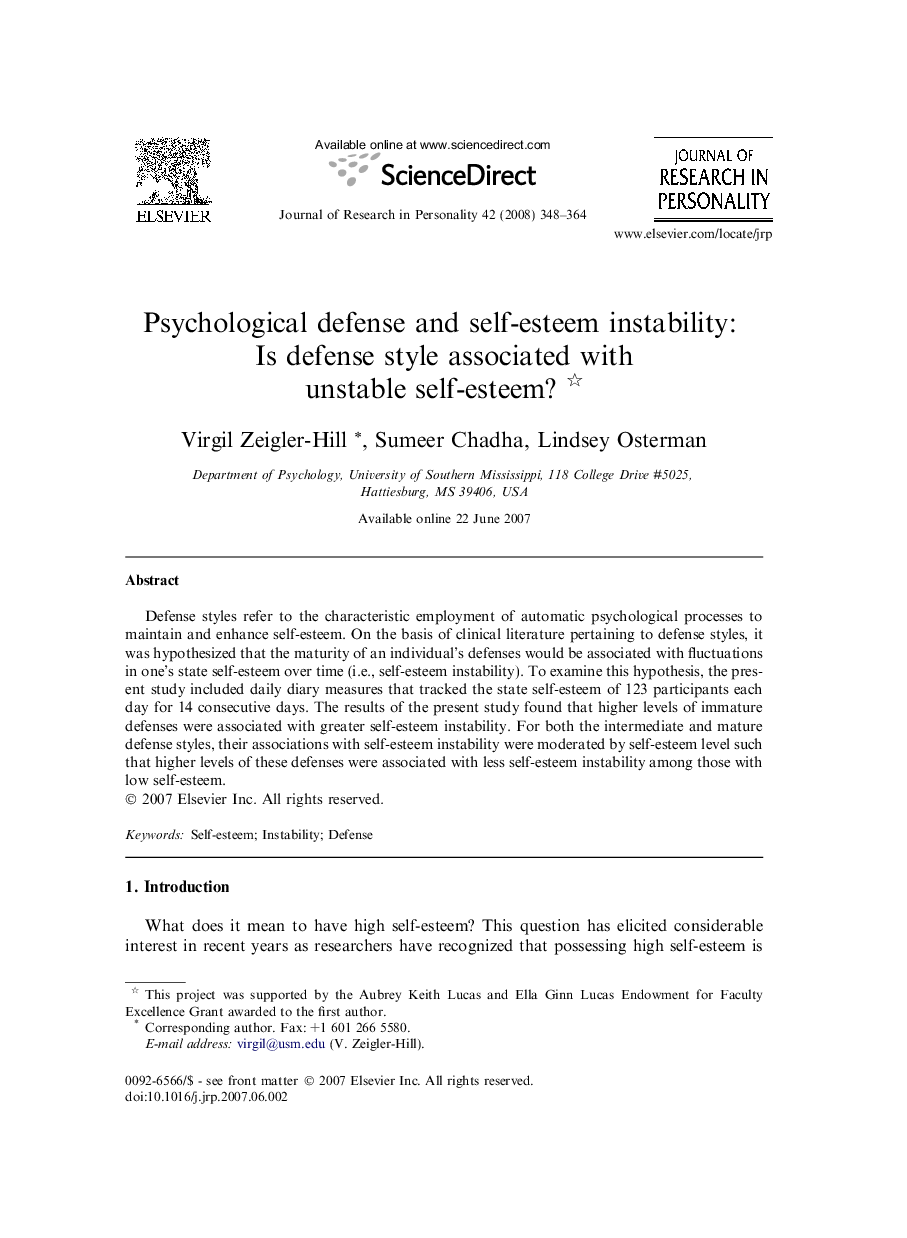 Psychological defense and self-esteem instability: Is defense style associated with unstable self-esteem? 