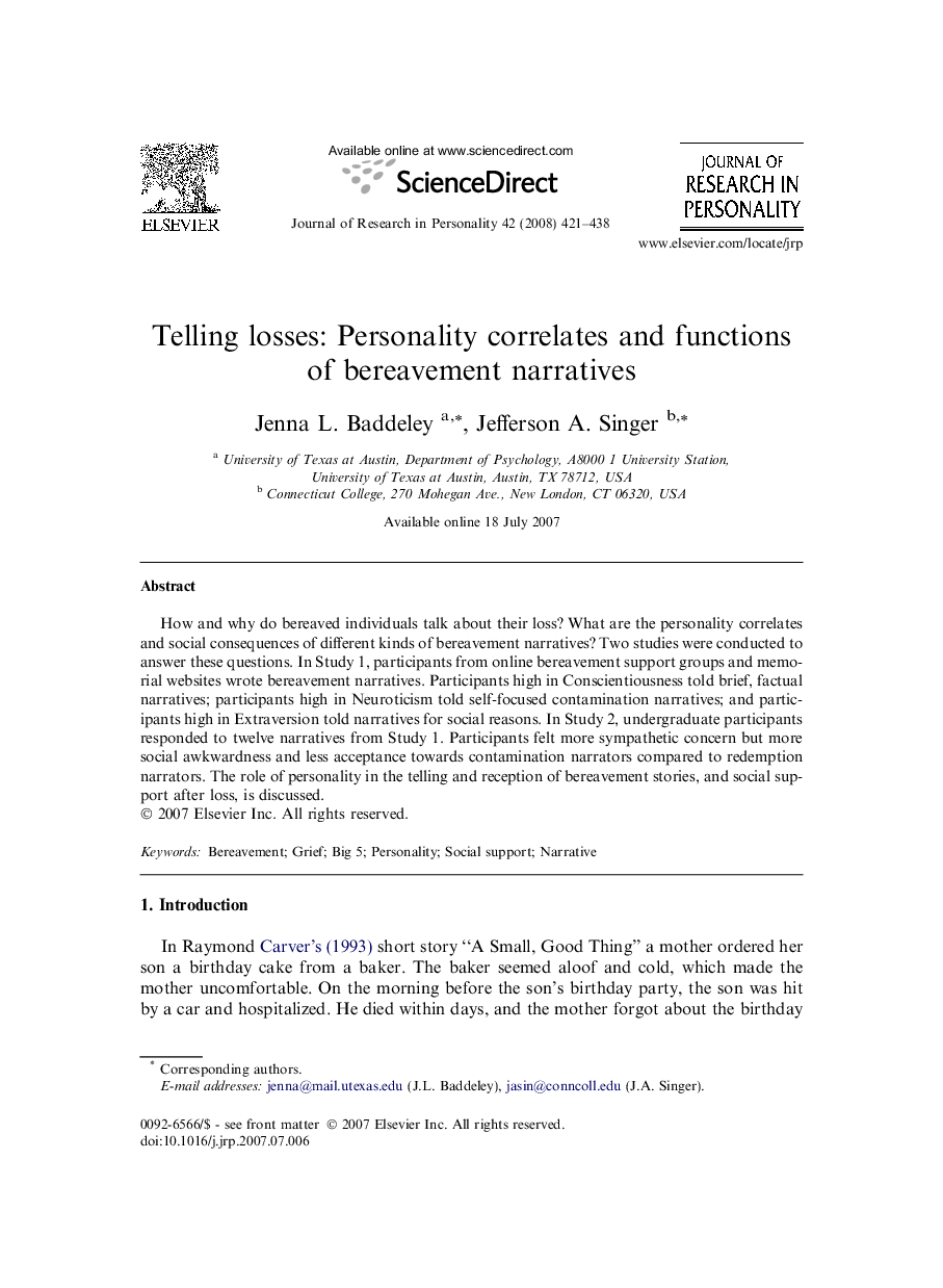 Telling losses: Personality correlates and functions of bereavement narratives