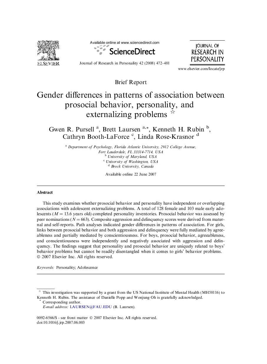 Gender differences in patterns of association between prosocial behavior, personality, and externalizing problems 
