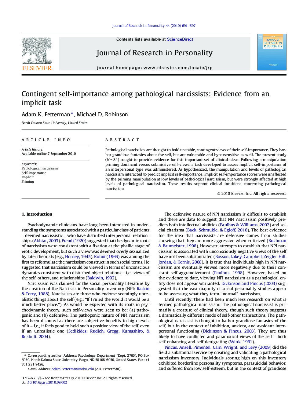 Contingent self-importance among pathological narcissists: Evidence from an implicit task