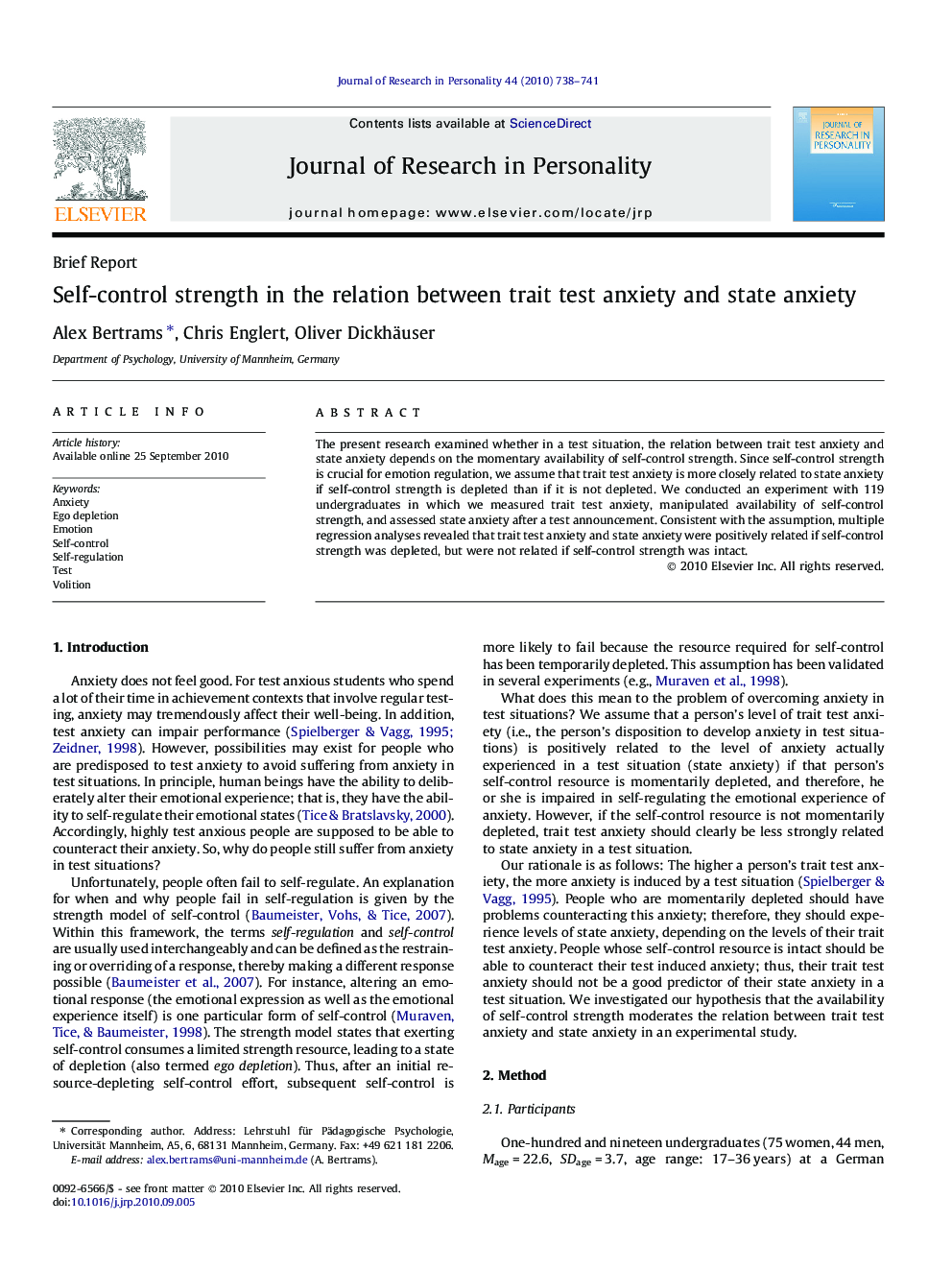 Self-control strength in the relation between trait test anxiety and state anxiety