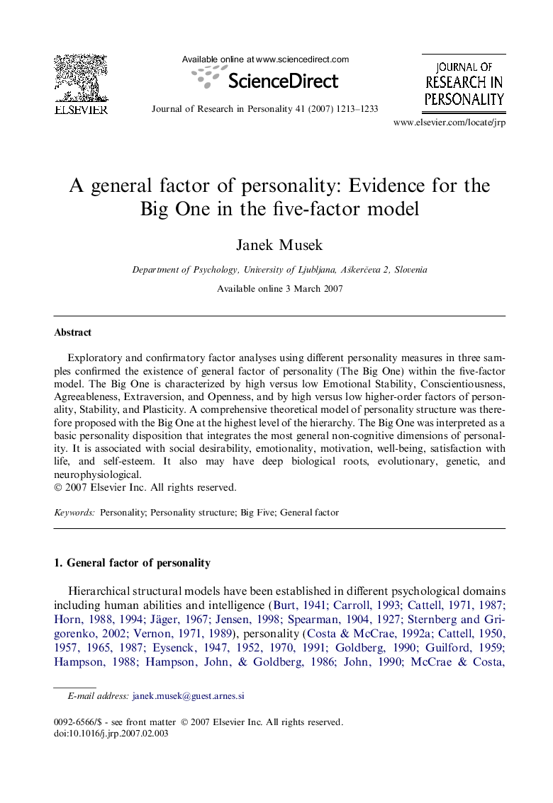 A general factor of personality: Evidence for the Big One in the five-factor model