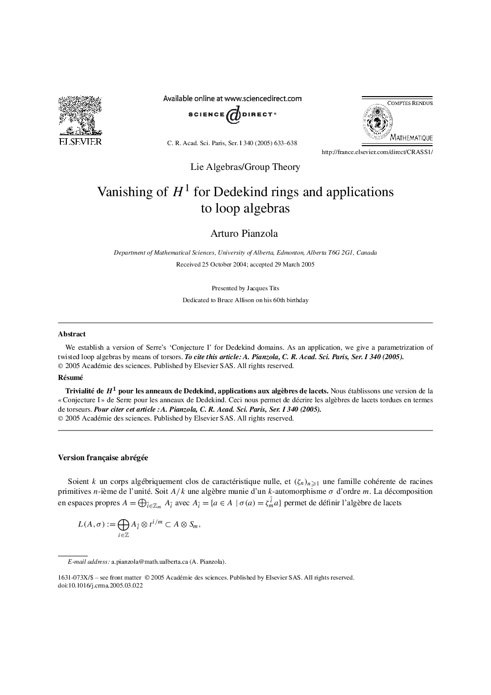 Vanishing of H1 for Dedekind rings and applications to loop algebras