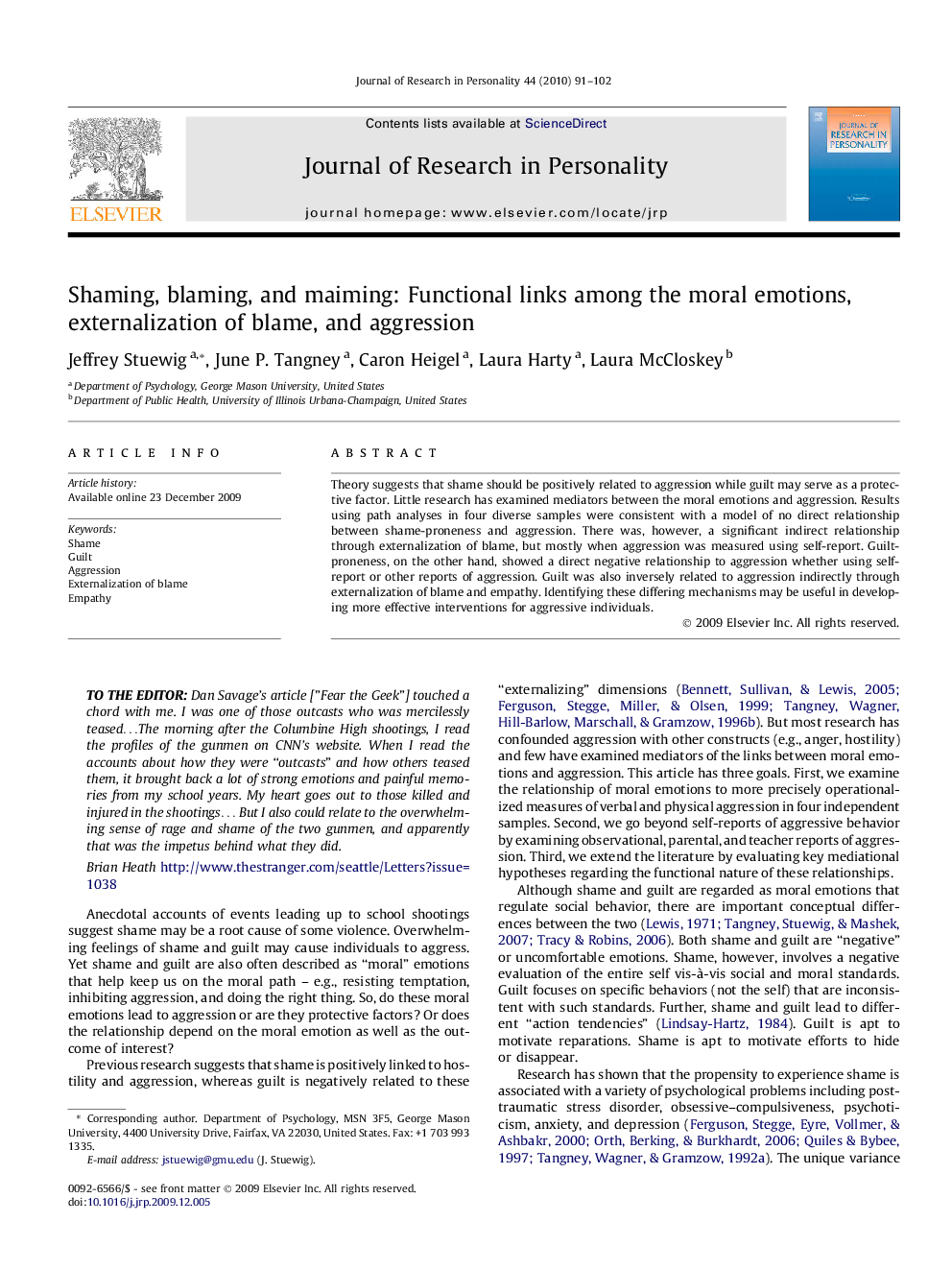 Shaming, blaming, and maiming: Functional links among the moral emotions, externalization of blame, and aggression