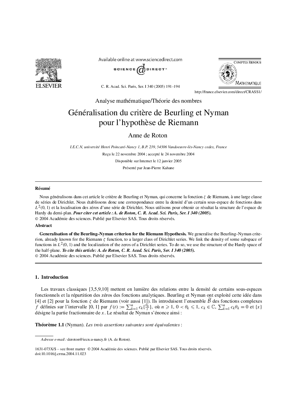 Généralisation du critÃ¨re de Beurling et Nyman pour l'hypothÃ¨se de Riemann