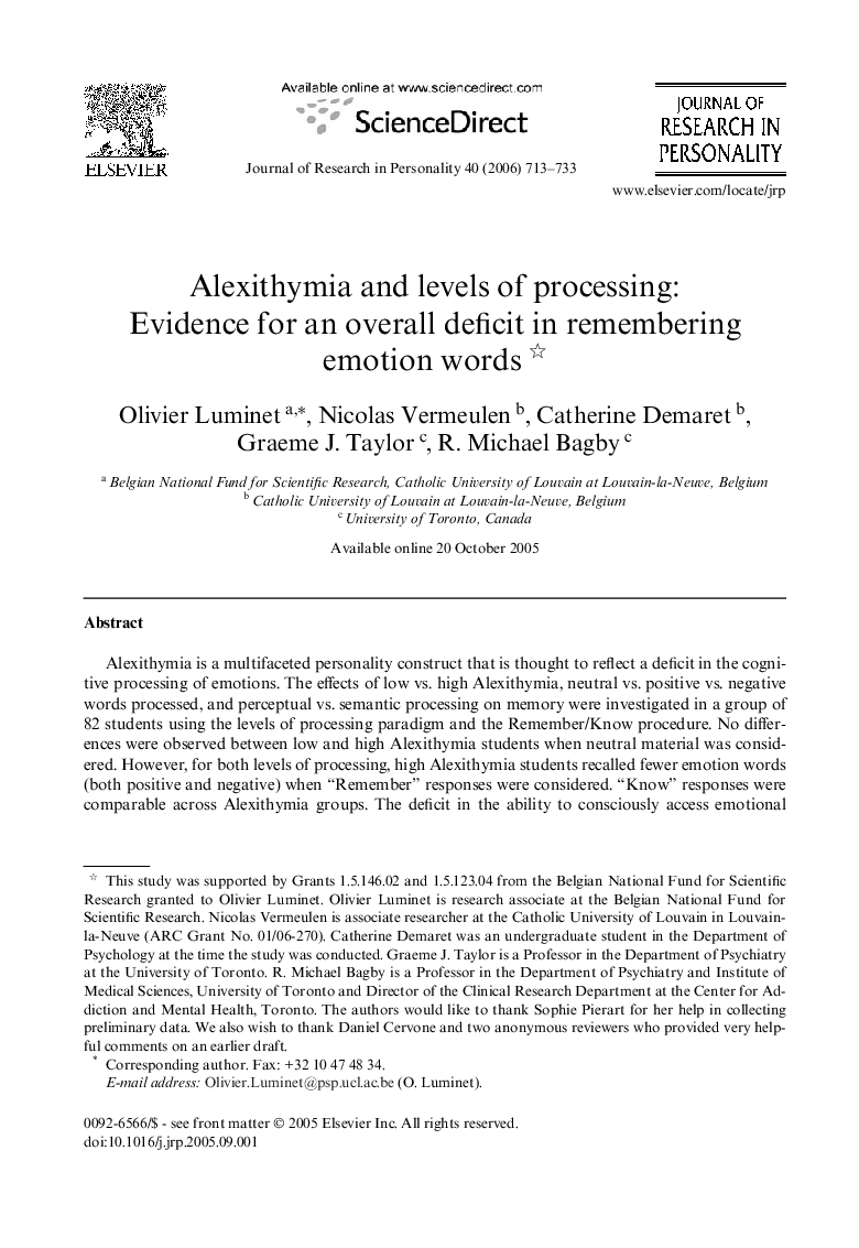 Alexithymia and levels of processing: Evidence for an overall deficit in remembering emotion words 