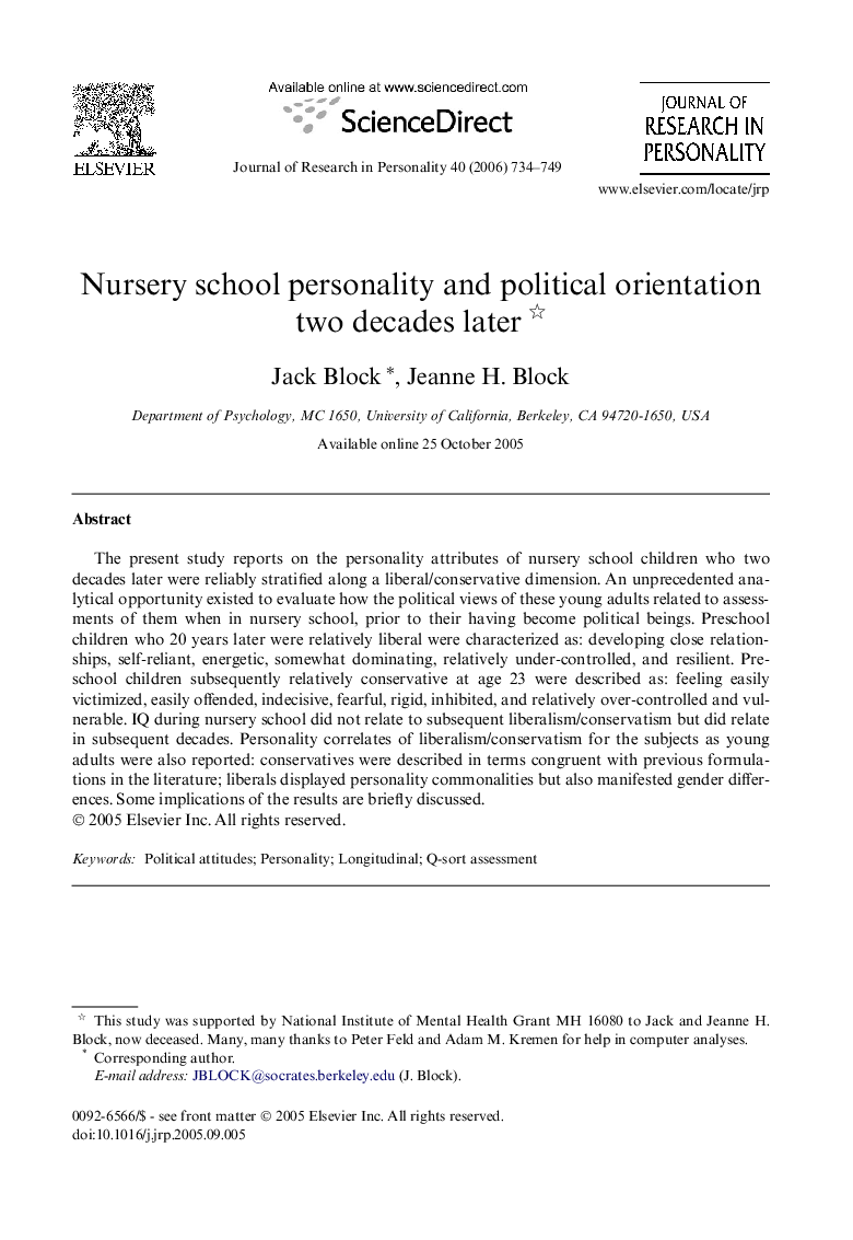 Nursery school personality and political orientation two decades later 