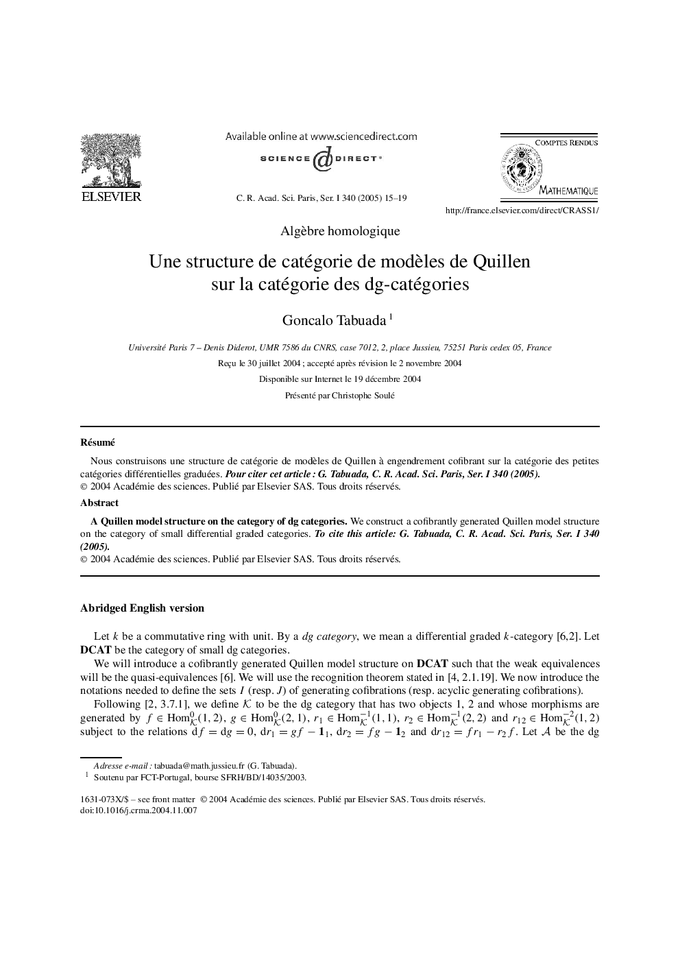Une structure de catégorie de modÃ¨les de Quillen sur la catégorie des dg-catégories