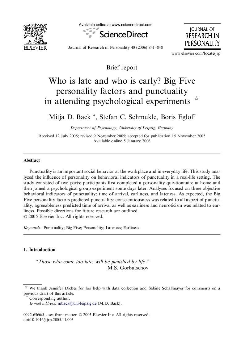 Who is late and who is early? Big Five personality factors and punctuality in attending psychological experiments 