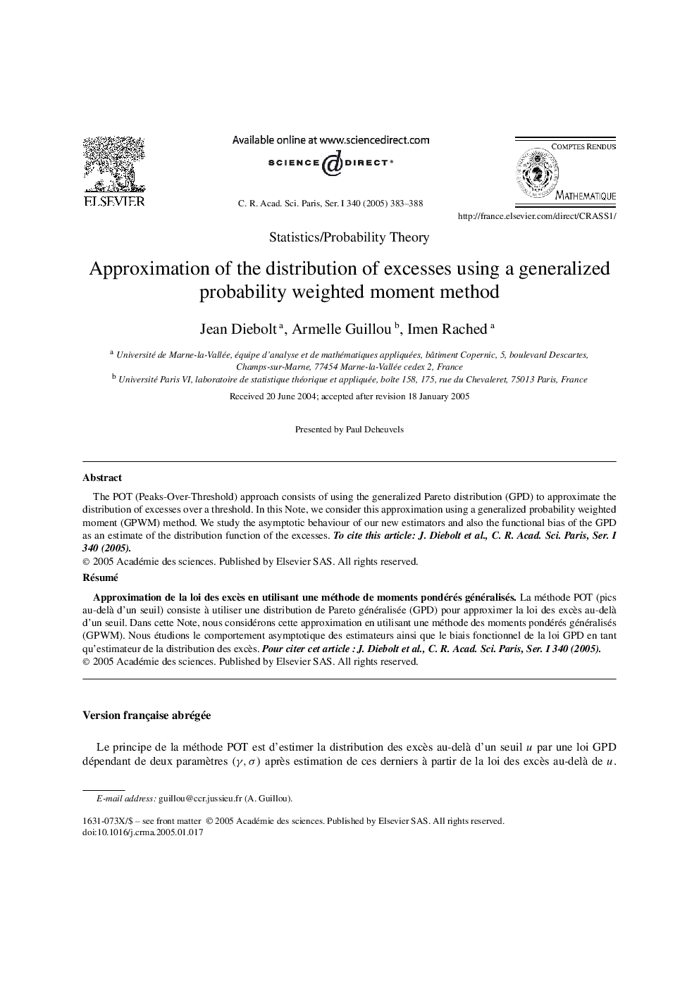 Approximation of the distribution of excesses using a generalized probability weighted moment method