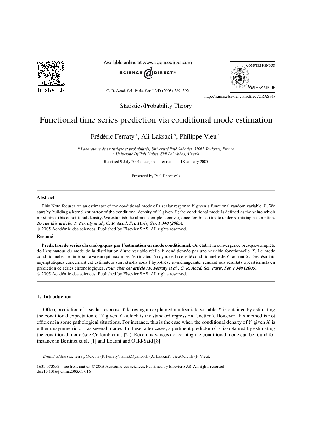 Functional time series prediction via conditional mode estimation