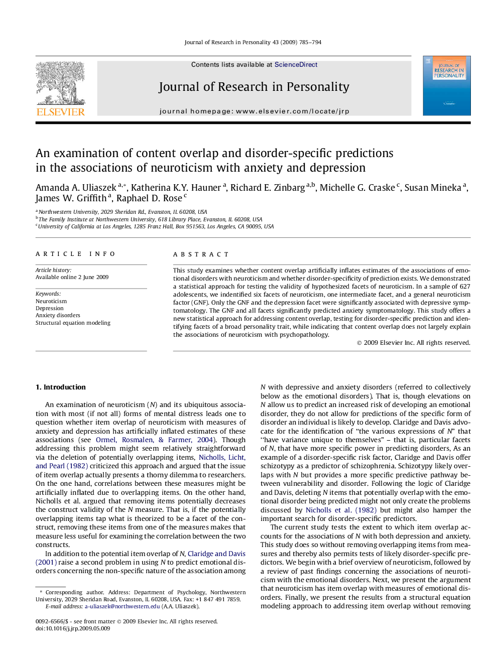 An examination of content overlap and disorder-specific predictions in the associations of neuroticism with anxiety and depression