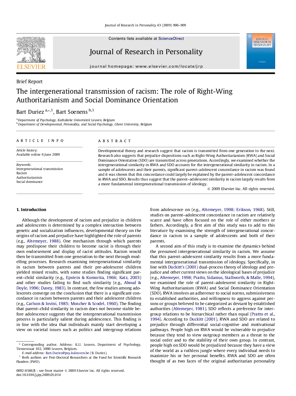 The intergenerational transmission of racism: The role of Right-Wing Authoritarianism and Social Dominance Orientation