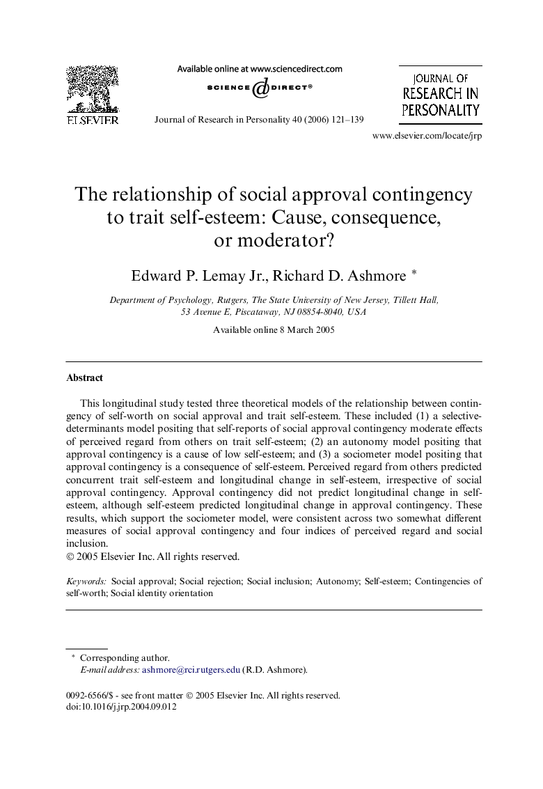 The relationship of social approval contingency to trait self-esteem: Cause, consequence, or moderator?