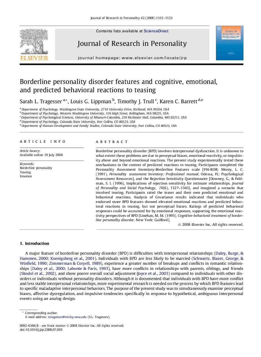 Borderline personality disorder features and cognitive, emotional, and predicted behavioral reactions to teasing