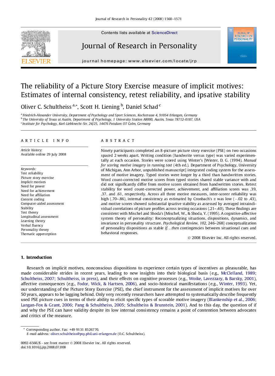 The reliability of a Picture Story Exercise measure of implicit motives: Estimates of internal consistency, retest reliability, and ipsative stability