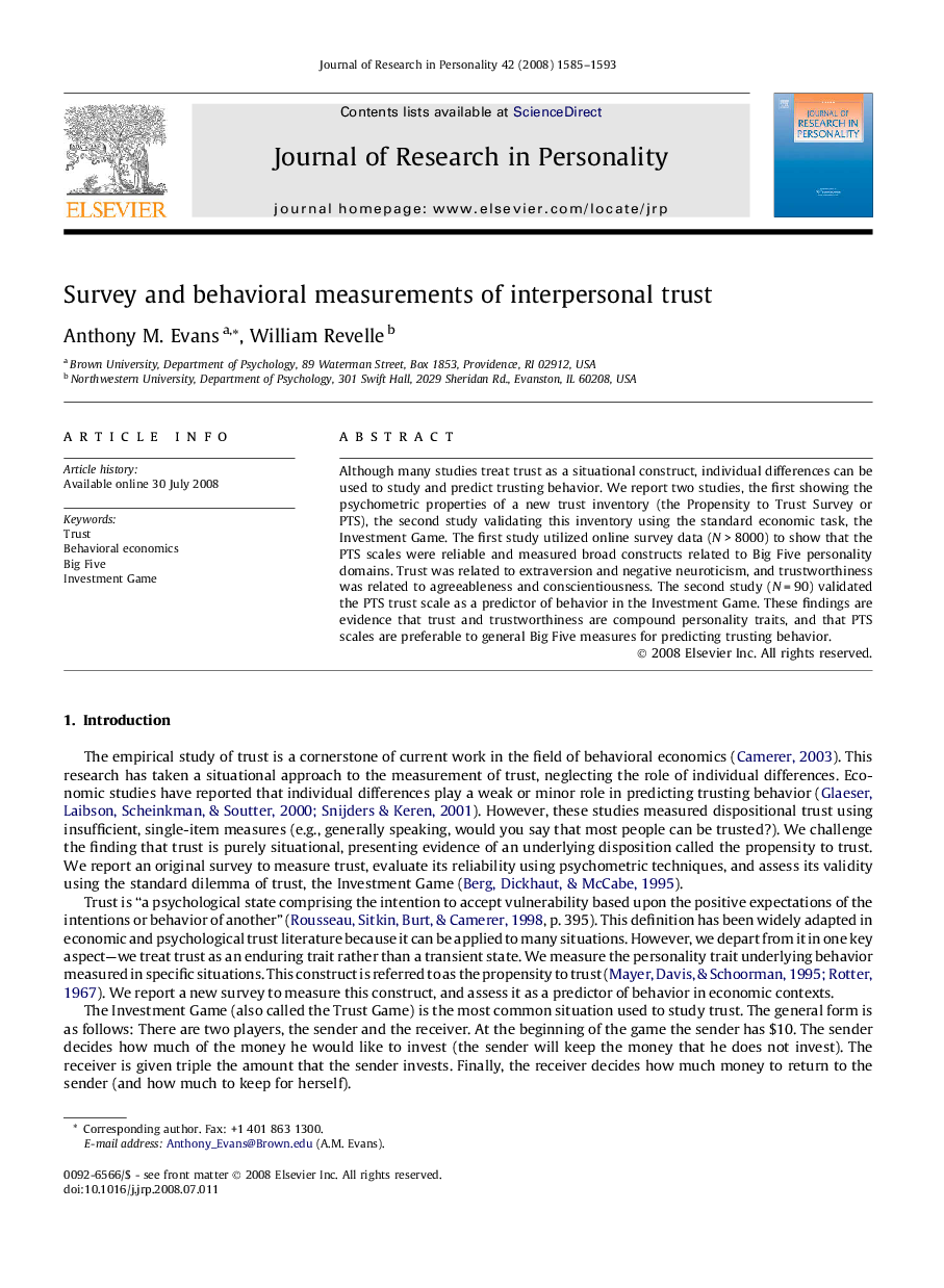 Survey and behavioral measurements of interpersonal trust