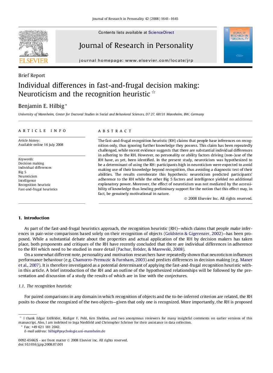 Individual differences in fast-and-frugal decision making: Neuroticism and the recognition heuristic 