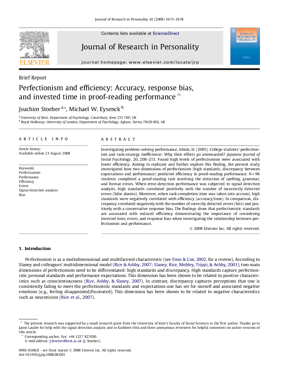 Perfectionism and efficiency: Accuracy, response bias, and invested time in proof-reading performance 