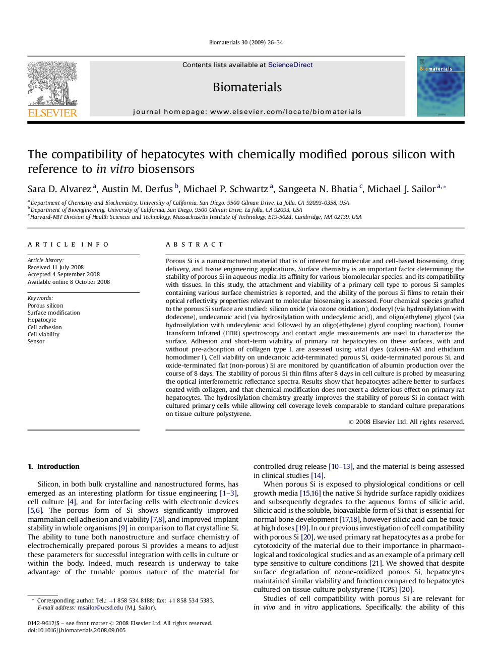 The compatibility of hepatocytes with chemically modified porous silicon with reference to in vitro biosensors