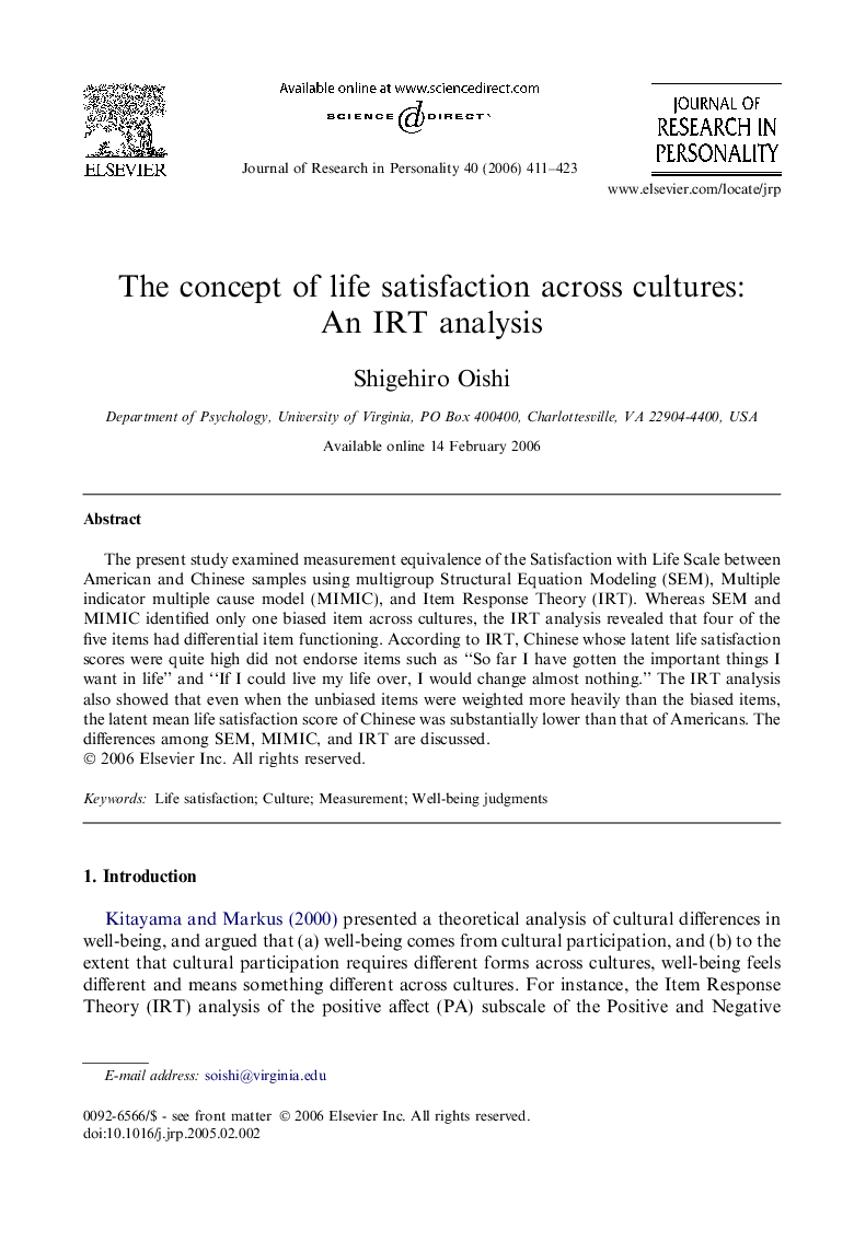 The concept of life satisfaction across cultures: An IRT analysis