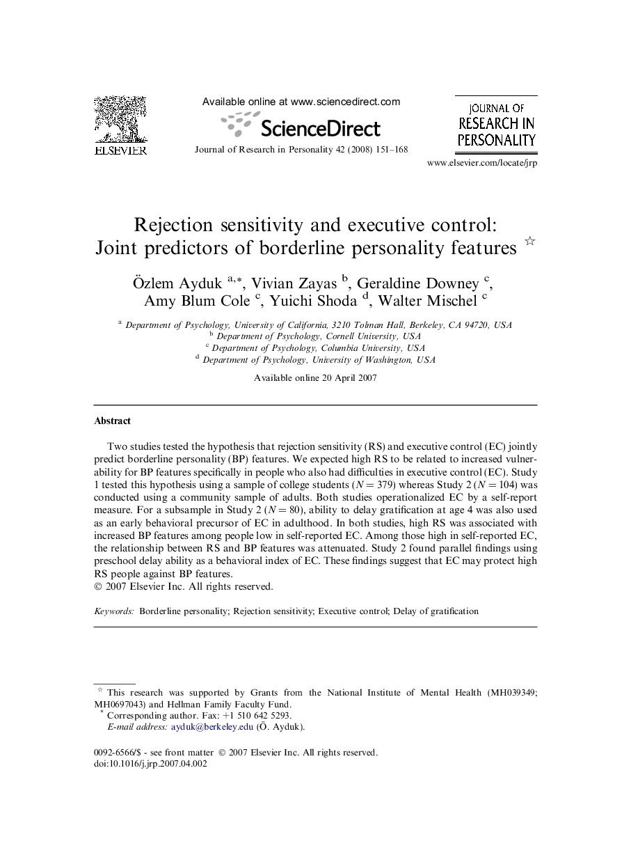 Rejection sensitivity and executive control: Joint predictors of borderline personality features 