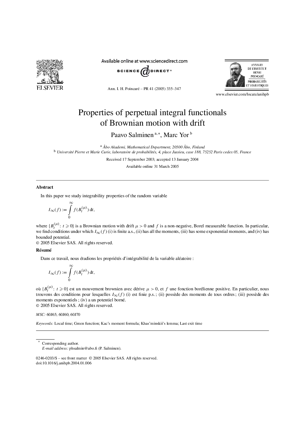 Properties of perpetual integral functionals of Brownian motion with drift