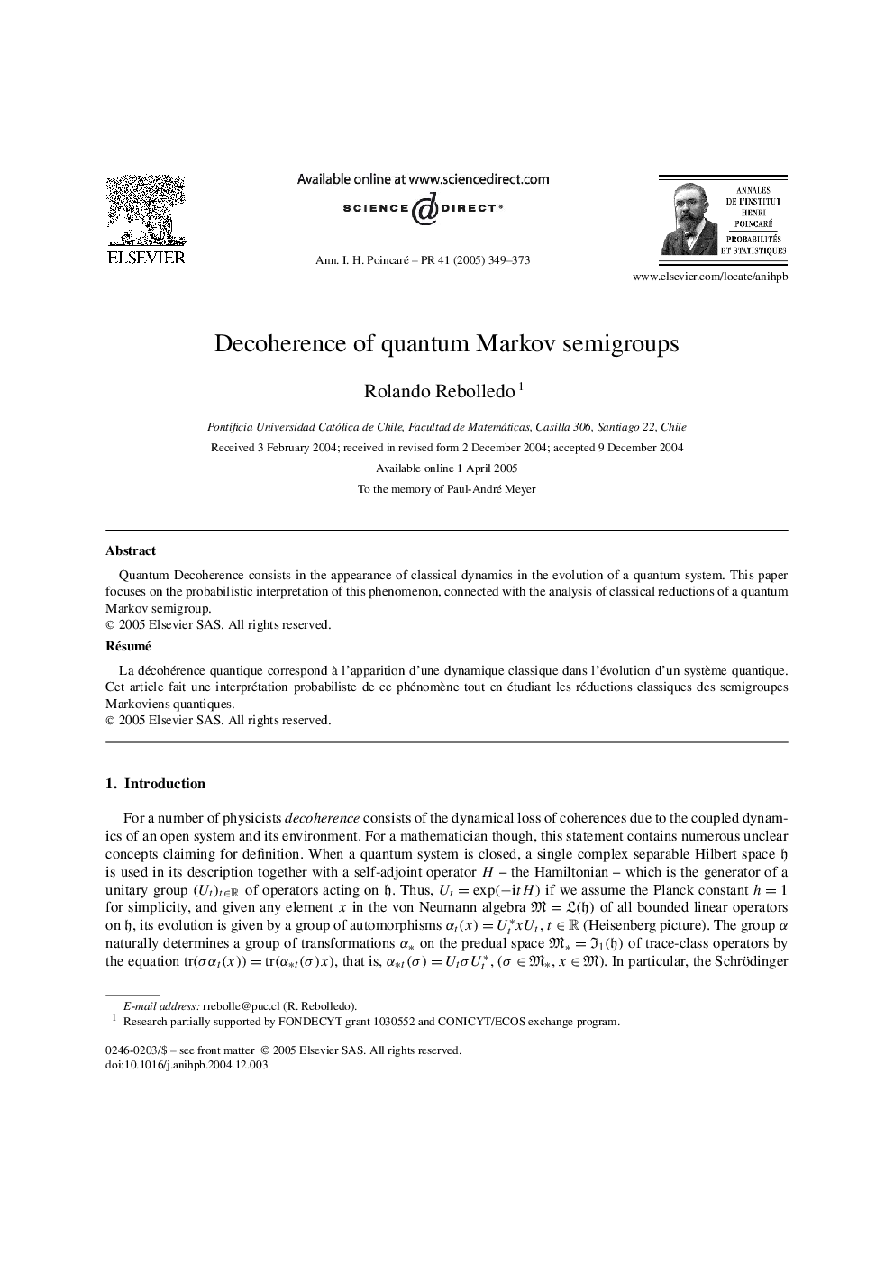 عکس صفحه اول مقاله: Decoherence of quantum Markov semigroups Decoherence of quantum Markov semigroups