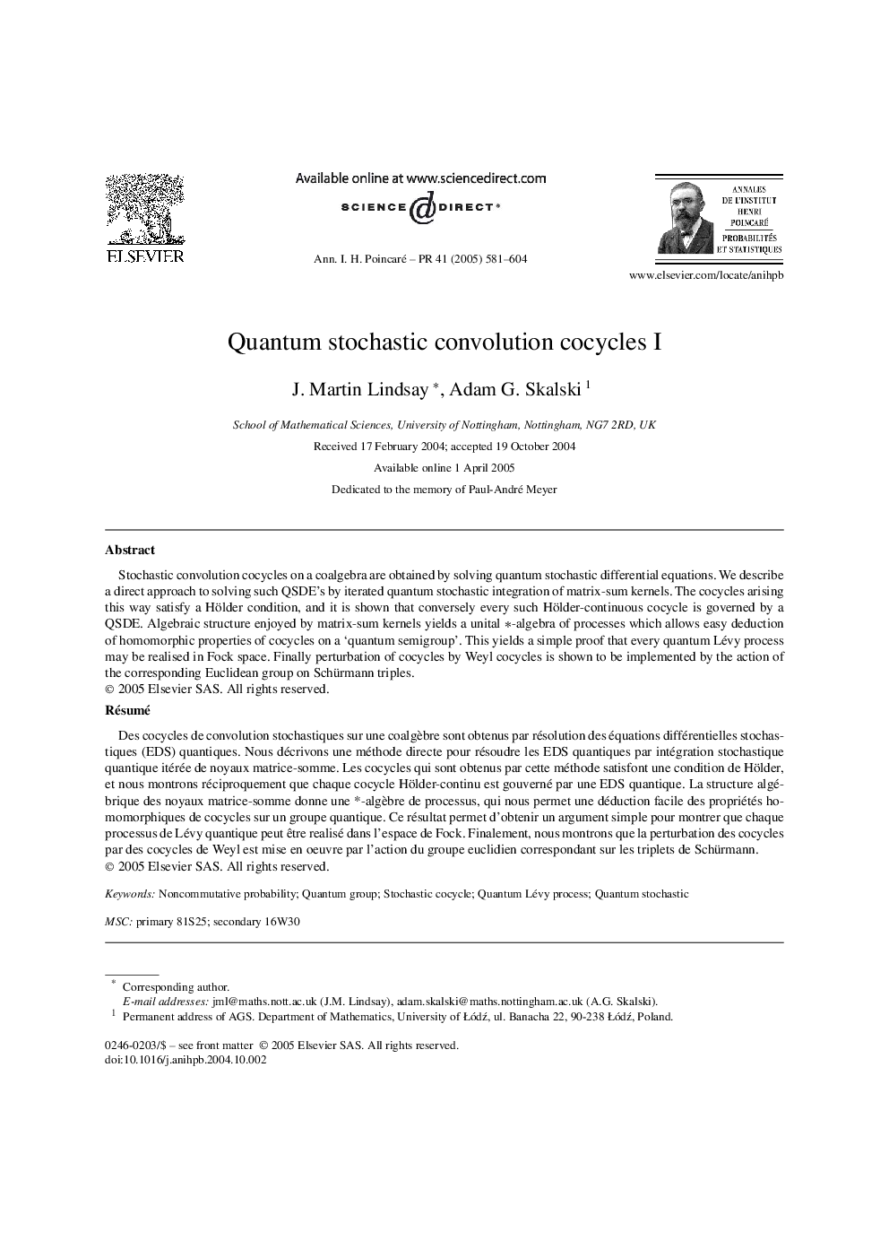 عکس صفحه اول مقاله: Quantum stochastic convolution cocycles I Quantum stochastic convolution cocycles I