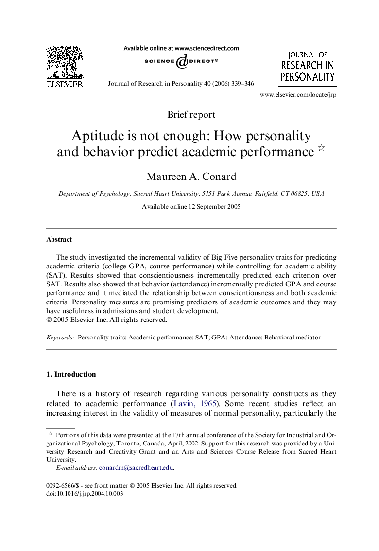Aptitude is not enough: How personality and behavior predict academic performance 