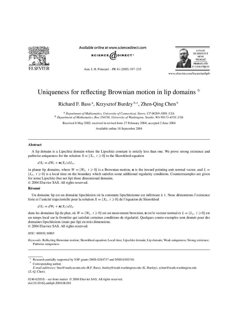 عکس صفحه اول مقاله: Uniqueness for reflecting Brownian motion in lip domains Uniqueness for reflecting Brownian motion in lip domains