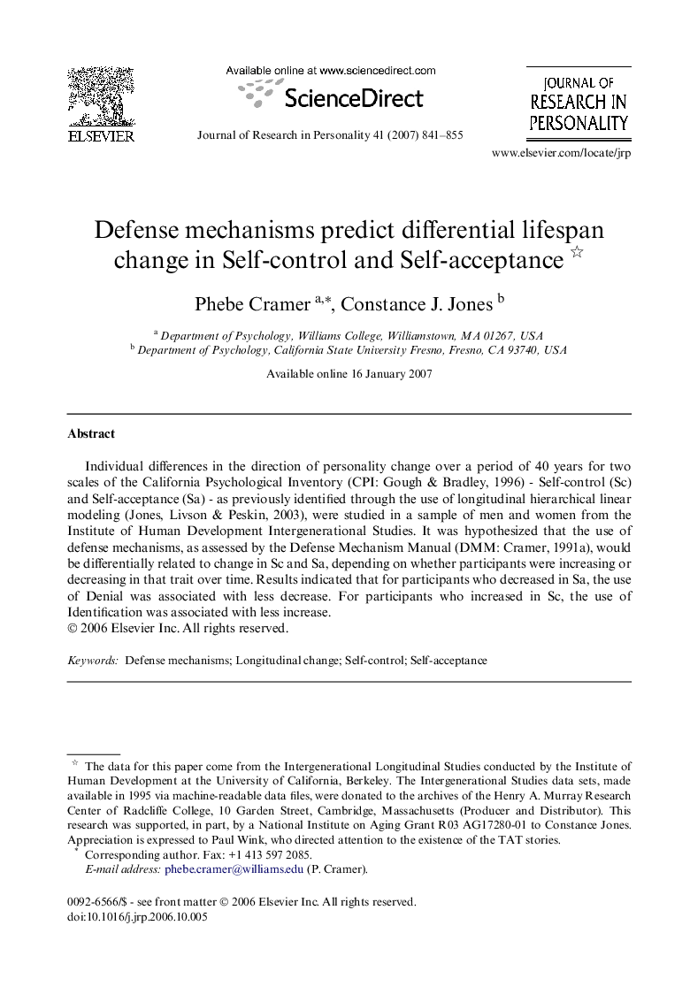 Defense mechanisms predict differential lifespan change in Self-control and Self-acceptance 