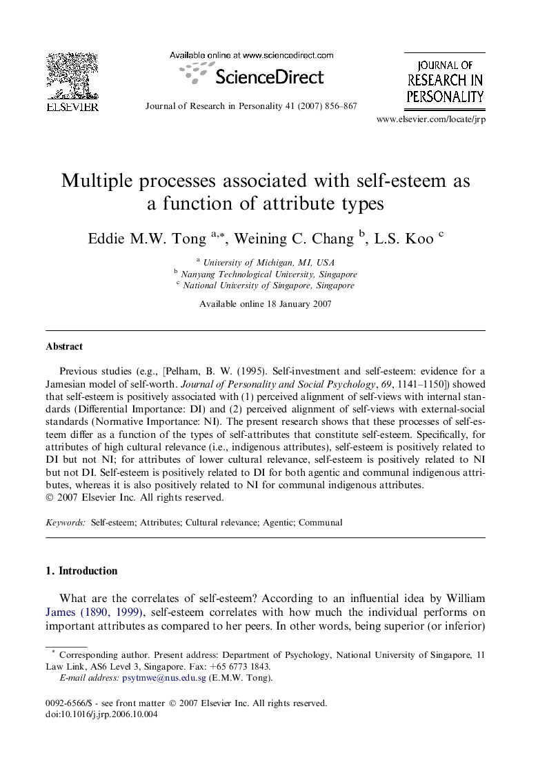 Multiple processes associated with self-esteem as a function of attribute types