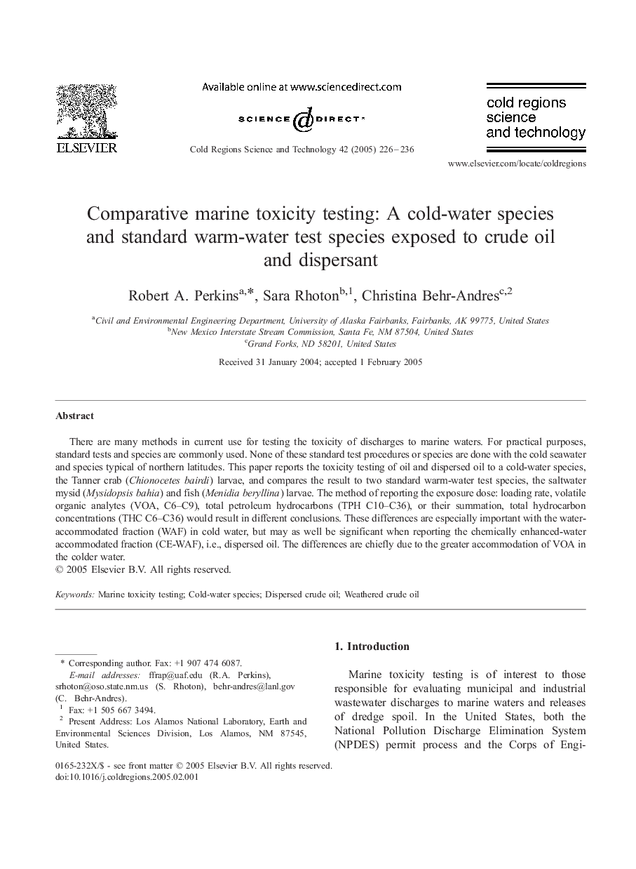 Comparative marine toxicity testing: A cold-water species and standard warm-water test species exposed to crude oil and dispersant